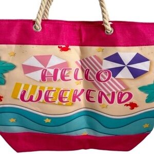 •NWT Cindy Claire Beach Bag Tote "Hello Weekend” Rope Handle Zipper Closure